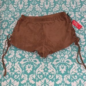 brown velvet lace up detail shorts